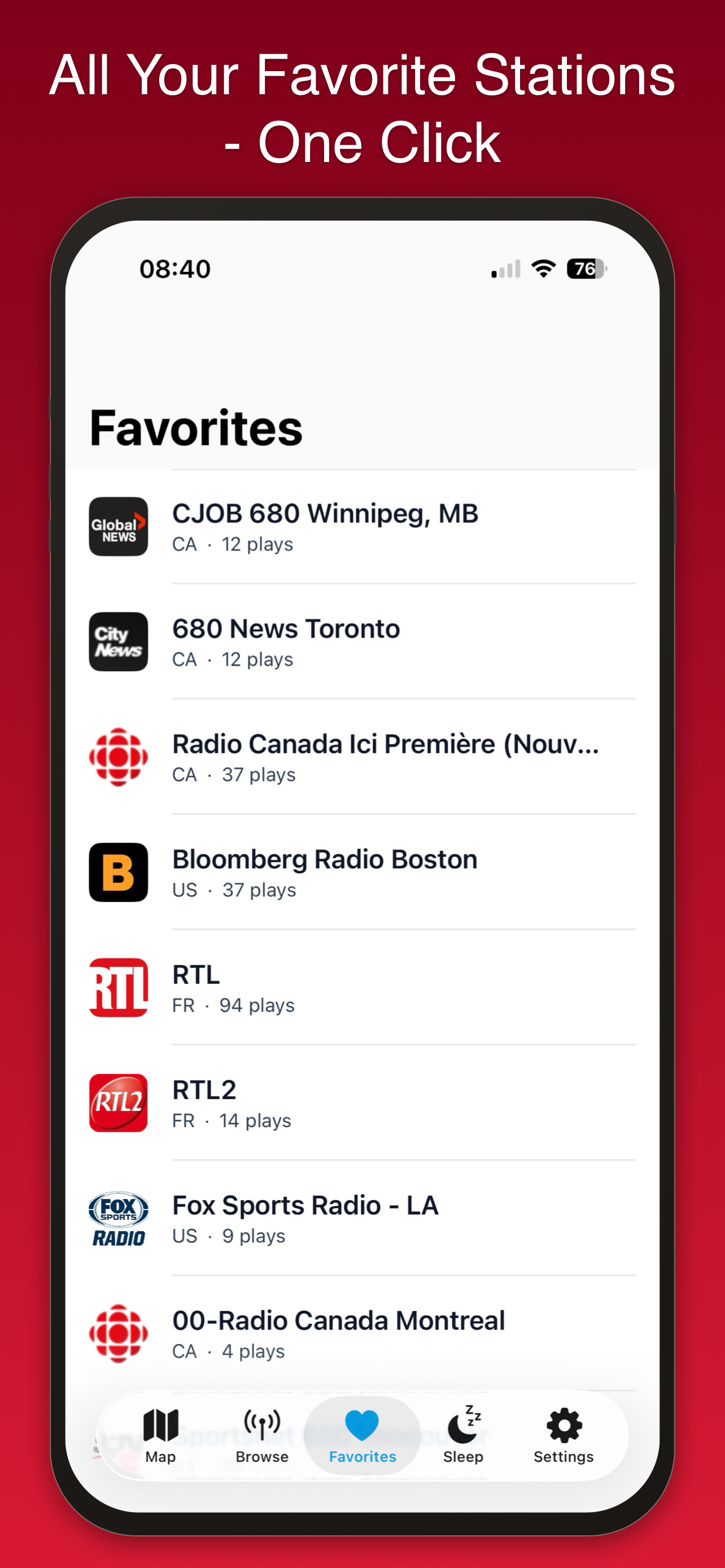 Favorites screen listing saved stations from Canada, the US, and France for one-tap playback.