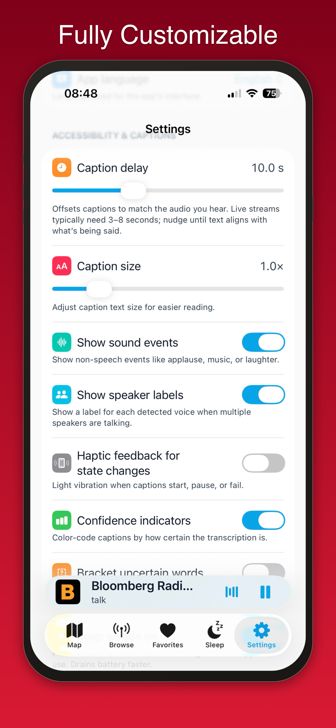 Settings screen with caption delay, caption size, sound events, speaker labels, and confidence indicators.