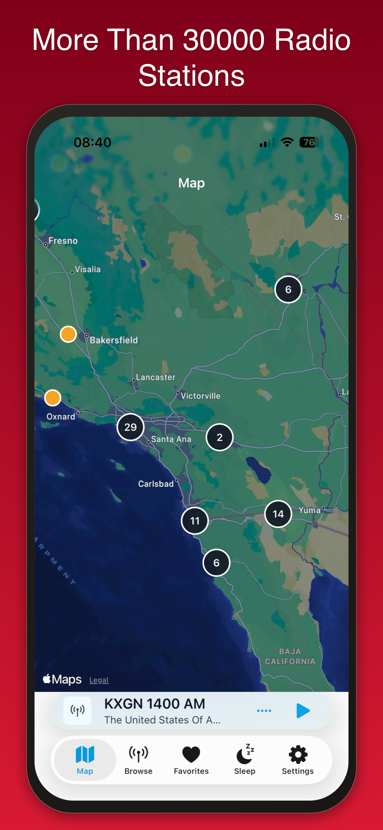 Map view showing 30,000+ radio stations clustered across Southern California, with a station playing in the mini player.