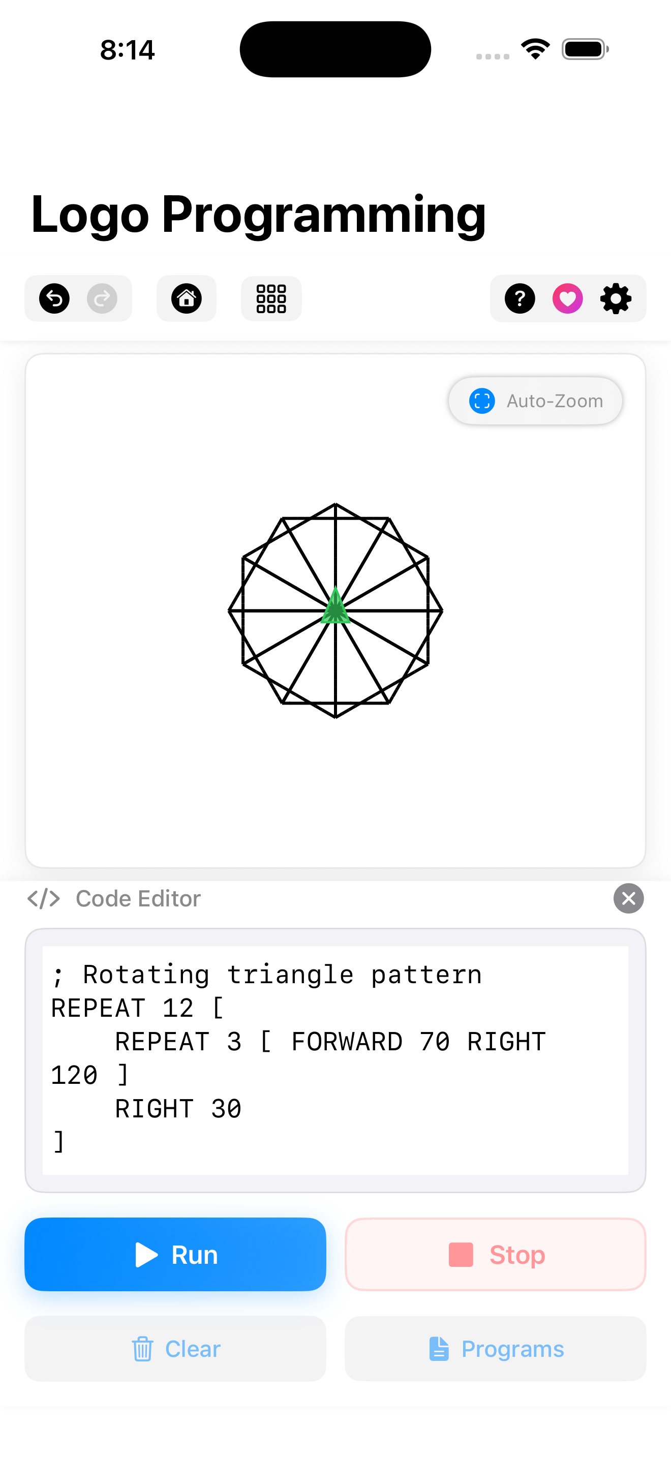 Logo canvas with animated turtle drawing geometric art on iPad