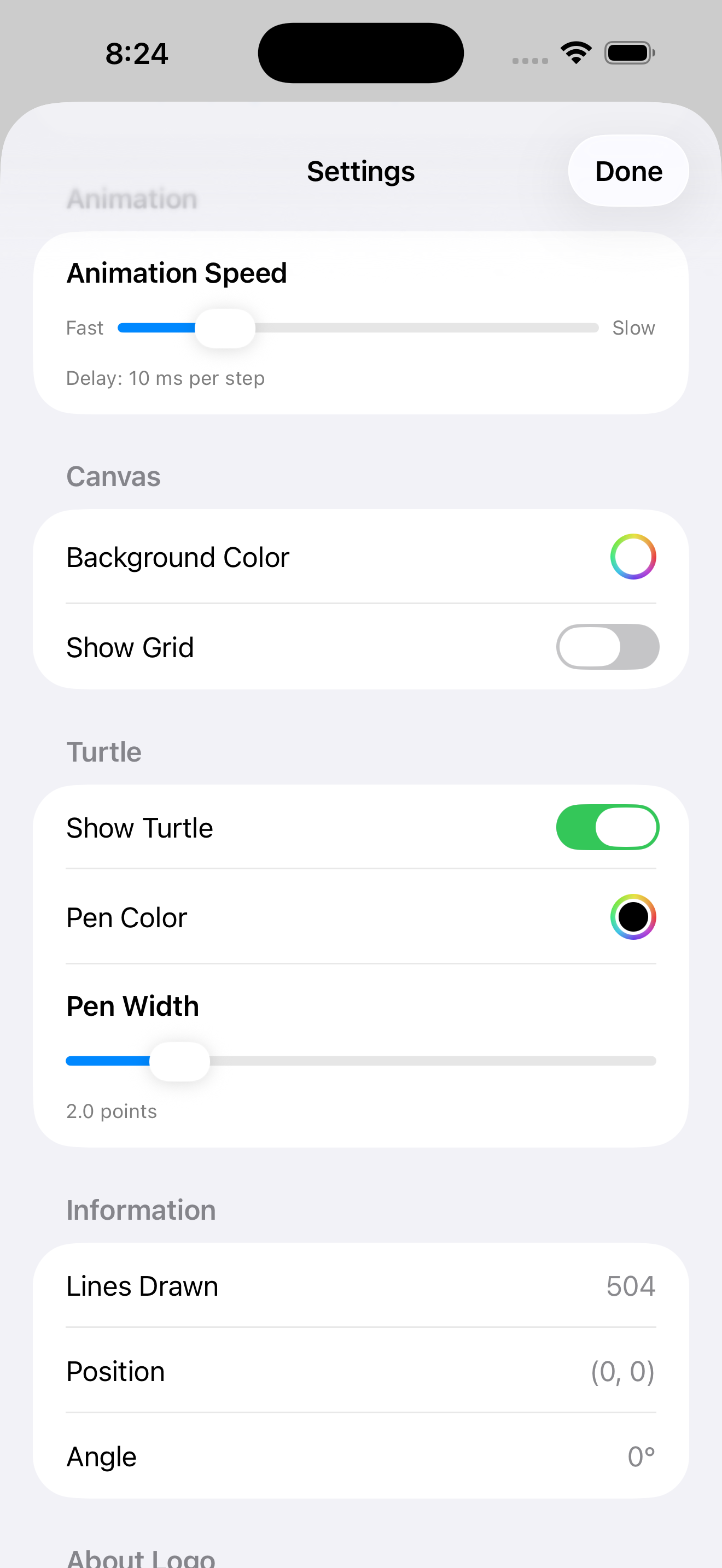 Logo code editor with syntax highlighting on iPhone