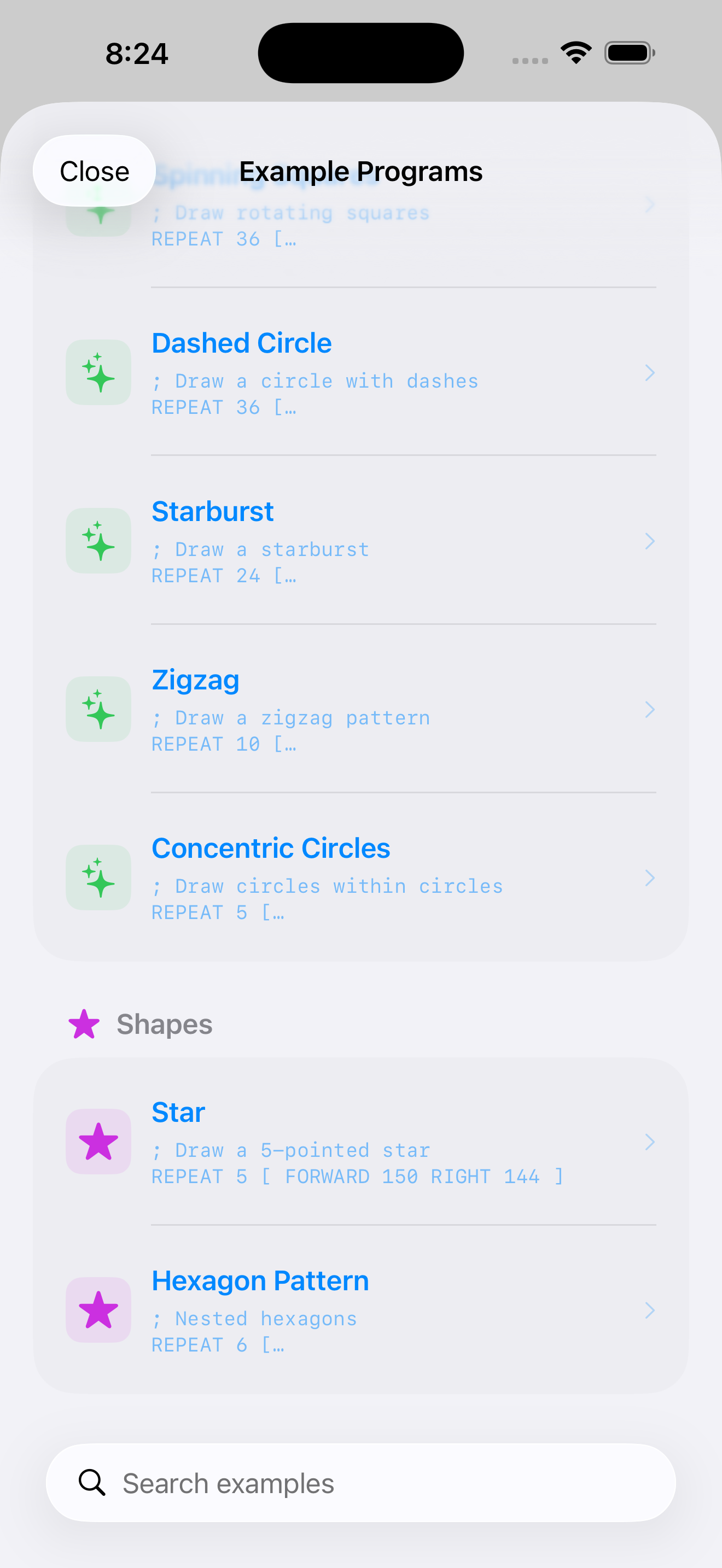 Built-in examples library in the Logo app